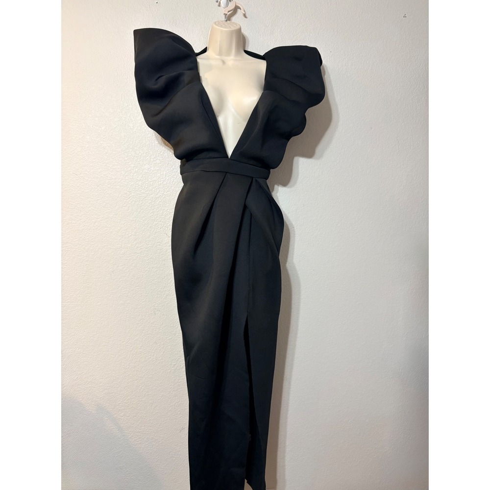 Black Architectural Ruffle Shoulder Deep V-Neck Scuba Maxi Dress with Slit